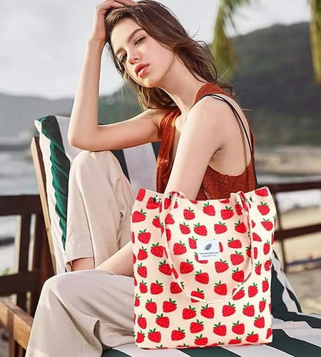 Corduroy Tote Bag for Women Girl Canvas Shoulder Cord Purse with Inner Pocket (Strawberry)