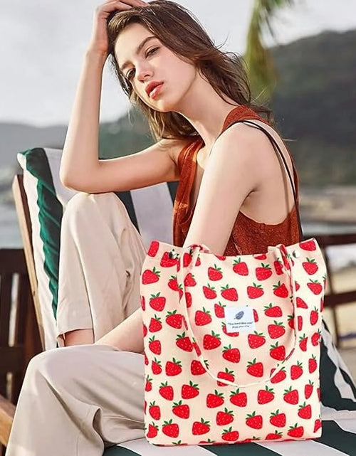 Load image into Gallery viewer, Corduroy Tote Bag for Women Girl Canvas Shoulder Cord Purse with Inner Pocket (Strawberry)
