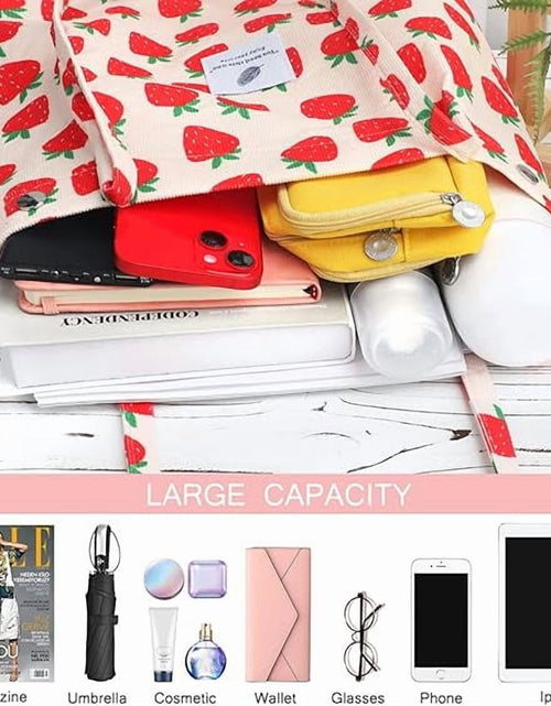 Load image into Gallery viewer, Corduroy Tote Bag for Women Girl Canvas Shoulder Cord Purse with Inner Pocket (Strawberry)
