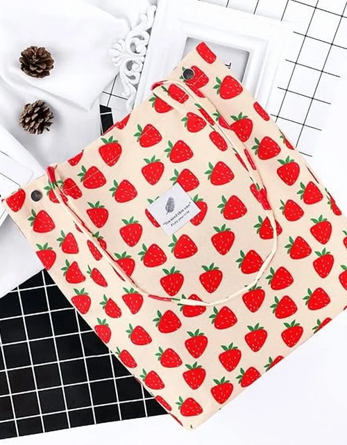 Load image into Gallery viewer, Corduroy Tote Bag for Women Girl Canvas Shoulder Cord Purse with Inner Pocket (Strawberry)
