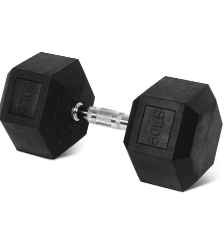 Rubber Encased Hex Dumbbell, 50Lbs, Single