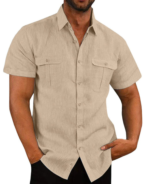Load image into Gallery viewer, Tank Tops Men Men'S Fashion Vacation Solid Color Cotton Linen Double Pocket Casual Shirts Short Sleeves Mens Western Shirts Mens T-Shirts on Sales
