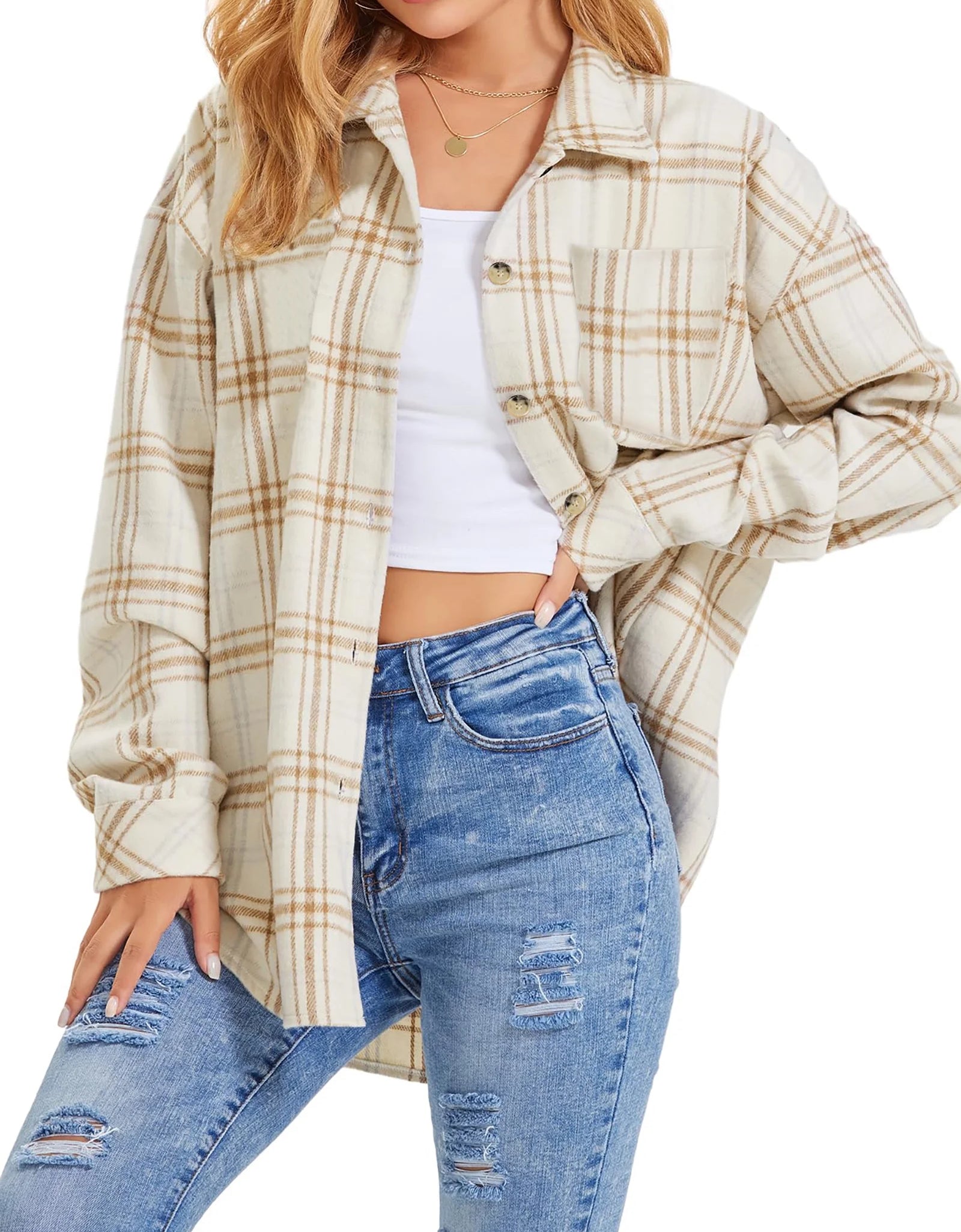 Womens Plaid Shirts Flannel Shacket Jacket Long Sleeve Button down Shirts Blouses Tops