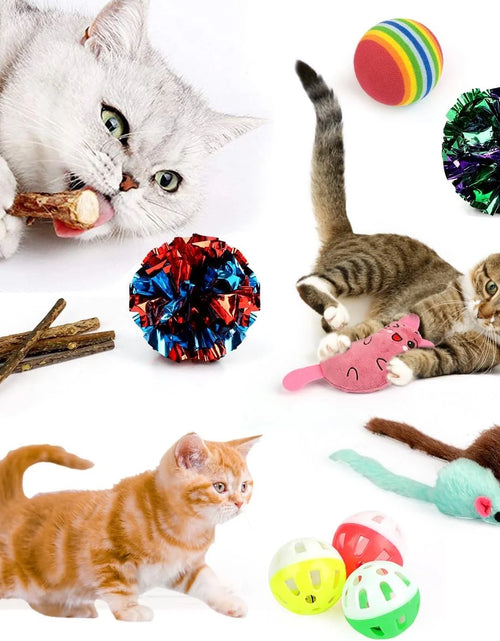 Load image into Gallery viewer, 32 Pcs Cat Toys Kitten Toys, Interactive Variety Catnip Toys with Collapsible Rainbow Tunnel, Cat Feather Teaser Crinkle Balls Spring Toy for Cat, Kitty, Puppy
