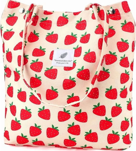 Corduroy Tote Bag for Women Girl Canvas Shoulder Cord Purse with Inner Pocket (Strawberry)