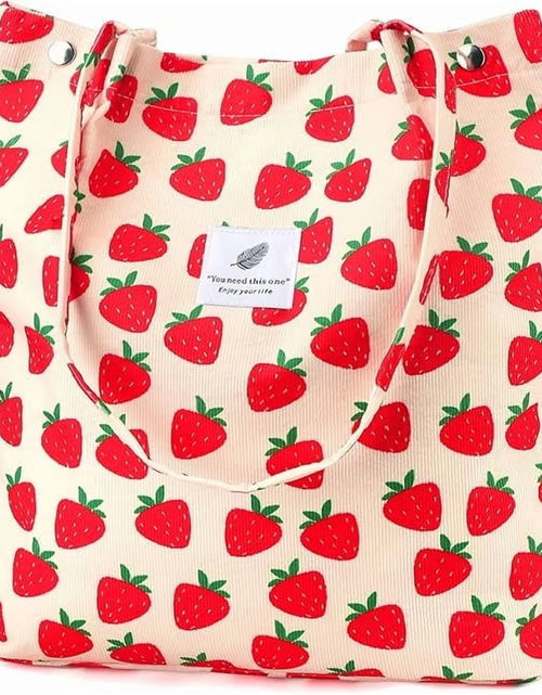 Load image into Gallery viewer, Corduroy Tote Bag for Women Girl Canvas Shoulder Cord Purse with Inner Pocket (Strawberry)

