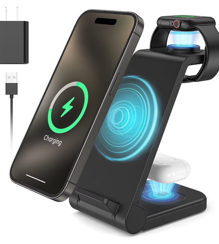 Fast Wireless Charger Station, 23W Wireless Charging Stand for Iphone 16/15/14/13/13 Pro/ 12/12 Pro/11/Xs Max/Xr/X/Galaxy S23 S22 S21 S10, Charging Station for Airpods 4/3/2/Pro, Iwatch Series