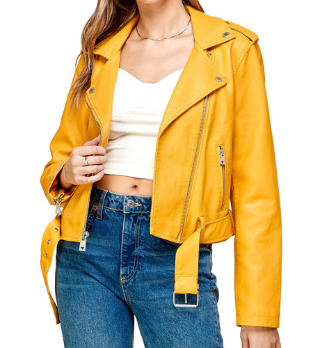 Women'S Asymmetrical Faux Lether Belted Moto Jacket XL MUSTARD