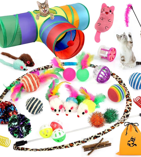 32 Pcs Cat Toys Kitten Toys, Interactive Variety Catnip Toys with Collapsible Rainbow Tunnel, Cat Feather Teaser Crinkle Balls Spring Toy for Cat, Kitty, Puppy