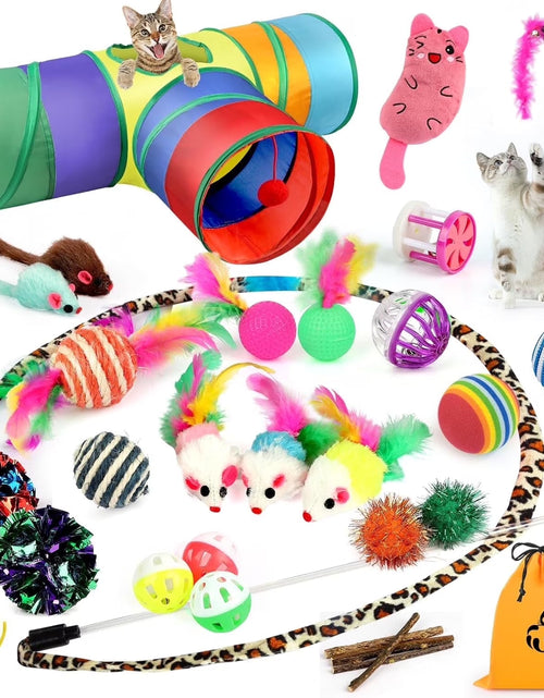 Load image into Gallery viewer, 32 Pcs Cat Toys Kitten Toys, Interactive Variety Catnip Toys with Collapsible Rainbow Tunnel, Cat Feather Teaser Crinkle Balls Spring Toy for Cat, Kitty, Puppy
