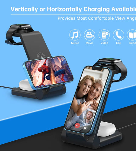 Fast Wireless Charger Station, 23W Wireless Charging Stand for Iphone 16/15/14/13/13 Pro/ 12/12 Pro/11/Xs Max/Xr/X/Galaxy S23 S22 S21 S10, Charging Station for Airpods 4/3/2/Pro, Iwatch Series