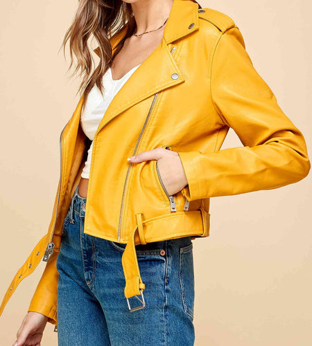 Women'S Asymmetrical Faux Lether Belted Moto Jacket XL MUSTARD