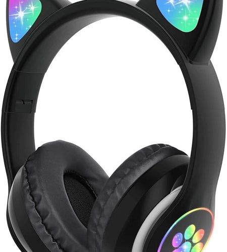 Kids Headphones, Cat Ear Wireless Headphones, LED Light up Kids Bluetooth Headphones over on Ear Black