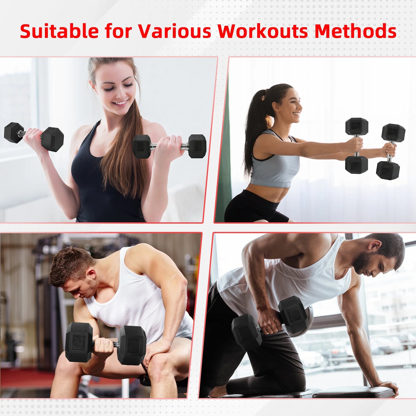 Rubber Encased Hex Dumbbell, 50Lbs, Single