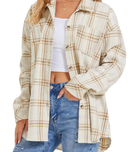 Womens Plaid Shirts Flannel Shacket Jacket Long Sleeve Button down Shirts Blouses Tops
